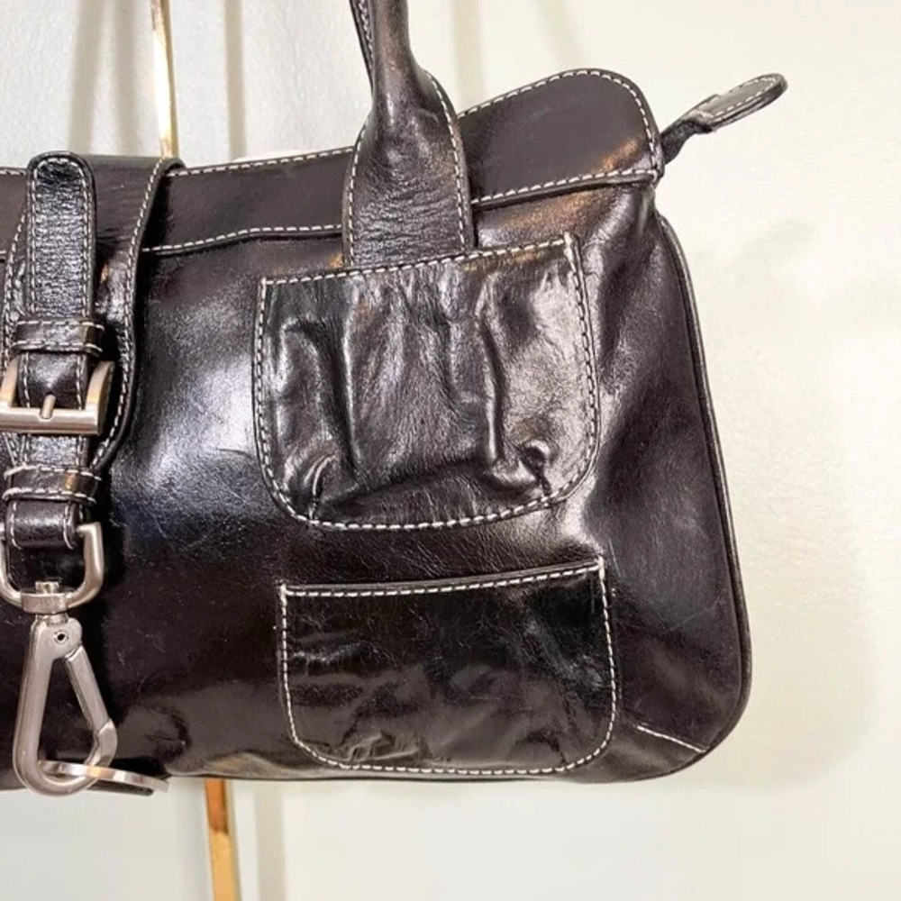 Hype Satchel Shoulder Bag Black Patent Leather Multi Pocket Handbag Purse Buckle - Picture 3 of 10